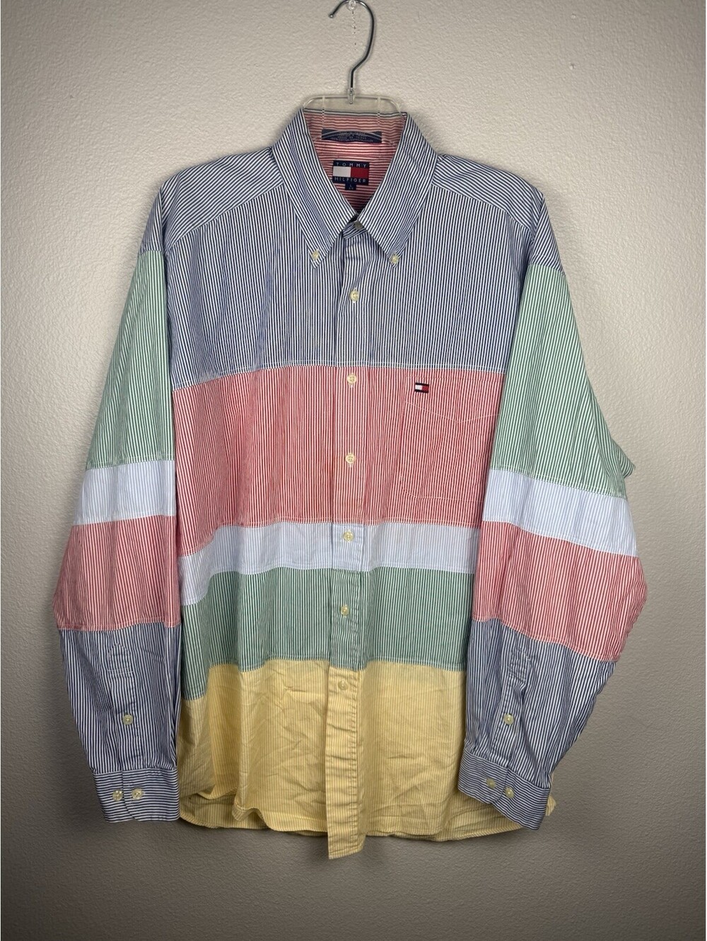 Rare VTG TOMMY HILFIGER Small Flag Color Block Pinstriped Shirt 90s Rainbow SZ L